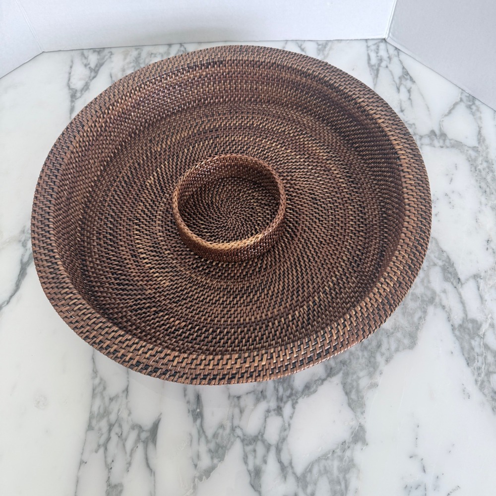 Woven Rattan Chip and Dip Serving Tray Brown Boho Round Wicker Platter 15.5 inch